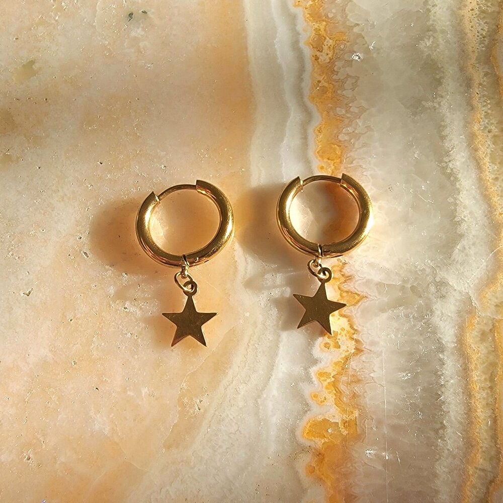 Gold Tone Star Dangle Huggie Hoop Earrings Minimalist Celestial Jewelry